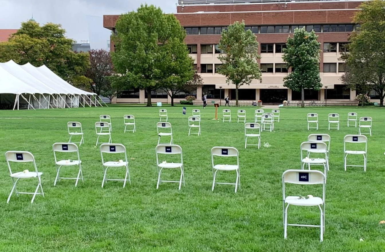 Empty chairs are placed on Syracuse University's quad to memorialize the students who died in the Pan-Am 103 bombing in 1988.